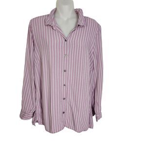 J Jill Womens Top Blouse Medium Purple Striped Long Sleeve Button Shirt Viscose
